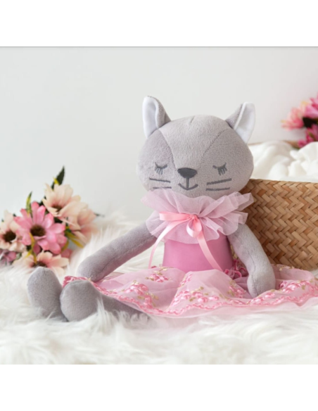 Muñeca de trapo Gatita con vestido de tul rosa