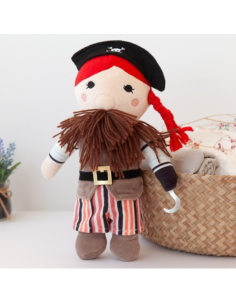Muñeco de trapo Pirata, con sombrero, trenza, barga y garfio.