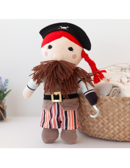 Muñeco de trapo Pirata, con sombrero, trenza, barga y garfio.