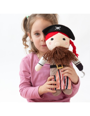Muñeco de trapo Pirata, con sombrero, trenza, barga y garfio.
