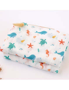 Muselina de bambú y algodón con estampado Marino