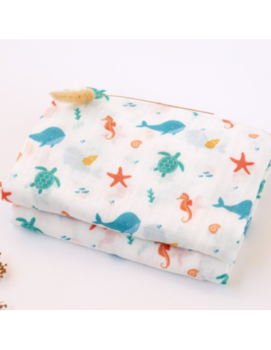 Muselina de bambú y algodón con estampado Marino