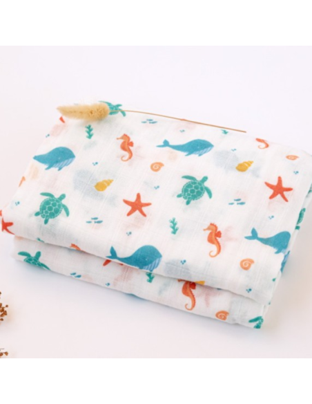 Muselina de bambú y algodón con estampado Marino