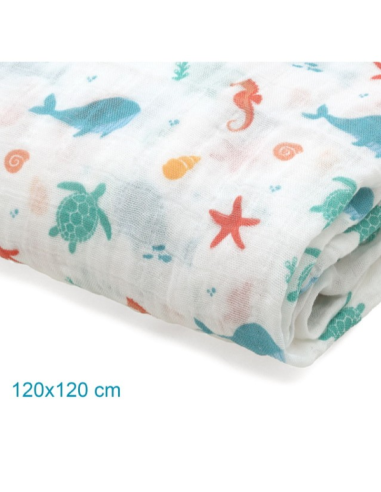 Muselina de bambú y algodón con estampado Marino