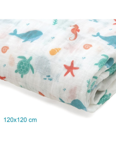 Muselina de bambú y algodón con estampado Marino