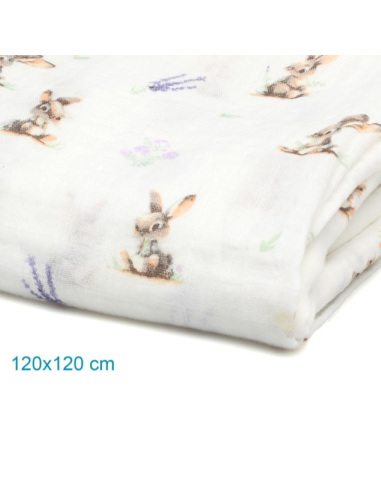 Muselina de bambú y algodón en tonos malvas con estampado de Conejitos