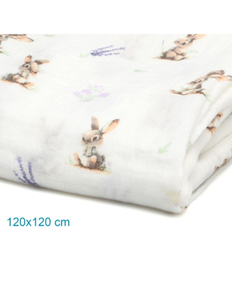 Muselina de bambú y algodón en tonos malvas con estampado de Conejitos